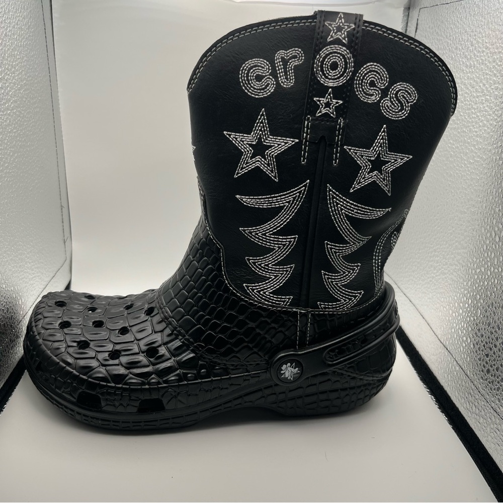 CROCS Black Cowboy Boot Clog with Star Stitching